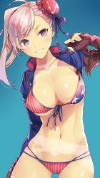 Rule 34 | 1girl, american flag, american flag bikini, american flag print, asymmetrical hair, bikini, blue background, blue eyes, blue ribbon, breasts, brown gloves, bun cover, cleavage, collarbone, commentary request, cowboy shot, fate/grand order, fate (series), fingerless gloves, flag print, front-tie bikini top, front-tie top, gloves, gluteal fold, grin, groin, hair bun, hand up, highres, large breasts, leaning to the side, long hair, long sleeves, looking at viewer, miyamoto musashi (fate), miyamoto musashi (fate/grand order), miyamoto musashi (swimsuit berserker) (fate), miyamoto musashi (swimsuit berserker) (second ascension) (fate), multi-strapped bikini, navel, pink hair, print bikini, ribbon, shrug (clothing), side bun, side ponytail, simple background, single hair bun, single side bun, smile, solo, swimsuit, tomozero