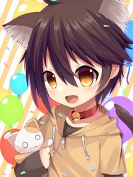 Rule 34 | 1boy, animal ears, bell, black hair, blush, cat boy, cat ears, cat tail, collar, facing viewer, fang, highres, long sleeves, looking at viewer, male focus, meranoreuka (naokentak), neck bell, hugging object, open mouth, original, short hair, solo, stuffed toy, tail, yellow eyes