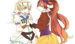 Rule 34 | 2girls, breasts, corset, dual persona, elena (grandia), grandia, grandia ii, holding hands, high ponytail, jacket, large breasts, long hair, looking at viewer, millenia (grandia), multiple girls, red jacket, small breasts, smile, sylvie (artist), very long hair, white background