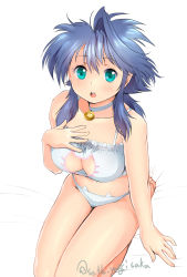 Rule 34 | 1girl, :d, aqua eyes, bare arms, bare legs, bare shoulders, barefoot, bell, neck bell, blue eyes, blue hair, blush, bra, breasts, cat lingerie, choker, cleavage, cleavage cutout, clothing cutout, collar, collarbone, hand on own chest, highres, jingle bell, large breasts, looking at viewer, matching hair/eyes, meme attire, navel, open mouth, original, panties, seiza, short hair, sidelocks, simple background, sitting, smile, solo, sweat, underwear, white background, white bra, white panties, yagisaka seto