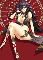 Rule 34 | 1girl, absurdres, arizigoku0627, bare legs, bare shoulders, black dress, black hair, bracelet, breasts, cape, cleavage, collarbone, commission, cosplay, crossed legs, dancer, dress, earrings, fingernails, fire emblem, fire emblem: the blazing blade, fire emblem heroes, full body, gladiator sandals, gold trim, hair lift, hair ornament, high heels, highres, jewelry, large breasts, lipstick, long hair, looking at viewer, makeup, mature female, medallion, nintendo, pixiv commission, plunging neckline, red nails, sandals, sitting, sleeveless, smile, solo, sonia (fire emblem: the blazing blade), thighs, toeless footwear, ursula (fire emblem), ursula (fire emblem) (cosplay), ursula (khadein) (fire emblem), ursula (khadein) (fire emblem) (cosplay), yellow eyes
