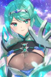 Rule 34 | breasts, closed mouth, green eyes, green hair, highres, large breasts, pneuma (xenoblade), ponytail, xenoblade chronicles (series), xenoblade chronicles 2, zer00han