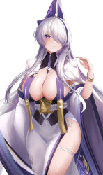 Rule 34 | 1girl, absurdres, azur lane, breasts, cowboy shot, dress, hair over one eye, highres, japanese clothes, jersum, large breasts, long hair, looking at viewer, multicolored hair, purple eyes, purple hair, side slit, simple background, solo, standing, streaked hair, two-tone hair, unzen (azur lane), very long hair, white background, white dress, white hair