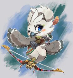 Rule 34 | 1boy, arrow (projectile), arrow in mouth, beak, bird, bird tail, blue eyes, blush stickers, bow (weapon), eyelashes, feathers, furry, furry male, green tunic, grey feathers, highres, holding, holding bow (weapon), holding weapon, holding with feet, lkiws, looking back, male focus, mouth hold, nintendo, no humans, one eye closed, quiver, solo, tail, the legend of zelda, the legend of zelda: tears of the kingdom, tulin (zelda), updo, weapon, white feathers, wings