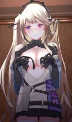 Rule 34 | 1girl, absurdly long hair, arknights, black collar, black gloves, black skirt, blonde hair, blush, breasts, collar, collarbone, covering privates, covering breasts, cowboy shot, embarrassed, gloves, grey shirt, headgear, highres, indigo (arknights), infection monitor (arknights), kurasss000, long hair, miniskirt, purple eyes, shirt, skirt, small breasts, solo, undressing, very long hair