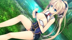 Rule 34 | 1girl, adjusting clothes, aikawa tatsuki, arena alseif, areola slip, blonde hair, blue eyes, blush, breasts, detached collar, eyebrows hidden by hair, feet out of frame, female focus, game cg, grass, high ponytail, large breasts, legs, long hair, looking at viewer, nipples, one breast out, outdoors, pulling own clothes, river, rock, ryuukishi bloody saga, sitting, skirt, sleeveless, solo, thighs, water