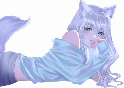 Rule 34 | 1girl, absurdres, animal ear fluff, animal ears, blue eyes, blue shirt, blush, cat ears, cat girl, cat tail, commentary request, grey hair, grey pants, highres, long hair, long sleeves, looking at viewer, lying, noripro, off shoulder, on stomach, pants, parted lips, shirayuki mishiro, shirt, simple background, sleeves past wrists, smile, solo, tail, upper body, virtual youtuber, white background, yuri kyanon