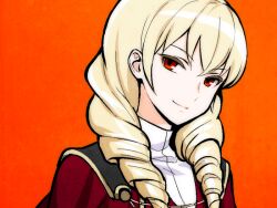 Rule 34 | 1girl, blonde hair, drill hair, erika wagner, long hair, looking at viewer, orange background, red eyes, simple background, smile, solo, tb (spr1110), twin drills, twintails, under night in-birth, under night in-birth exe:late[st]