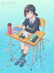 Rule 34 | 1girl, absurdres, black cardigan, black footwear, black hair, black socks, bottle, cardigan, chair, closed mouth, clownfish, commentary request, crab, desk, fish, hair ornament, hairclip, hand on own cheek, hand on own face, highres, kneehighs, loafers, long sleeves, notebook, original, pen, school chair, school desk, school uniform, shirt, shoes, short hair, short twintails, sitting, smile, socks, solo, twintails, water, white shirt, x.x.d.x.c