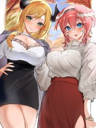 Rule 34 | 2girls, a0z0 aozo, alternate costume, blonde hair, blue eyes, blush, breasts, choker, cleavage, cowboy shot, dress, from below, green eyes, hair between eyes, hand on own chest, hand on own hip, head wings, headband, highres, hololive, horns, jacket, jacket on shoulders, large breasts, long skirt, looking at viewer, multiple girls, outdoors, outside border, pencil dress, pink hair, short dress, skirt, smile, sweater, swept bangs, takane lui, virtual youtuber, wings, yuzuki choco