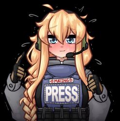 Rule 34 | 1girl, ahoge, black background, blonde hair, blue eyes, blush, braid, commentary, english commentary, english text, flying sweatdrops, gloves, hair between eyes, headphones, heart, highres, indie virtual youtuber, limebreaker, long hair, long sleeves, looking at viewer, magazine (weapon), simple background, solo, sweat, upper body, virtual youtuber, whiskey project