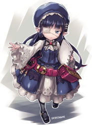 Rule 34 | &gt;:(, 1girl, belt, black footwear, black hair, black legwear, blue eyes, book, closed mouth, dress, eyepatch, frilled sleeves, frills, frown, full body, granblue fantasy, harvin, holding, holding book, long hair, long sleeves, lunalu (granblue fantasy), mary janes, pointy ears, pouch, shoes, sketch, solo, tomonao, v-shaped eyebrows, wide sleeves