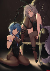 Rule 34 | 2girls, alternate costume, animal ears, arknights, black footwear, black hairband, black leotard, blue hair, bodystocking, bodysuit, breasts, brown bodysuit, brown legwear, cleavage, closed mouth, commentary, eula (genshin impact), fake animal ears, finger to mouth, full body, genshin impact, hairband, hand on own leg, hand up, high heels, highres, indoors, large breasts, leotard, light particles, long hair, looking at viewer, multiple girls, nev (nevblindarts), on chair, pantyhose, parted lips, playboy bunny, purple eyes, rabbit ears, red eyes, satou rina, shoes, shushing, signature, silver hair, single thighhigh, sitting, skadi (arknights), strapless, strapless leotard, thighhighs, very long hair, voice actor connection