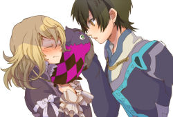 Rule 34 | 1boy, 1girl, :o, black hair, blonde hair, blush, bow, closed eyes, doll, dress, elize lutus, frills, gloves, hand on head, hands on own chest, isago (ica), jude mathis, open mouth, short hair, simple background, tales of (series), tales of xillia, teepo (tales), wavy mouth, white background, yellow eyes