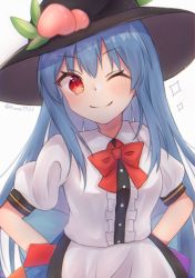 Rule 34 | 1girl, ;), arms behind back, black headwear, blouse, blue hair, blue skirt, bow, bowtie, center frills, closed mouth, food, frills, fruit, highres, hinanawi tenshi, leaf, long hair, looking at viewer, one eye closed, peach, puffy short sleeves, puffy sleeves, rainbow gradient, red bow, red bowtie, red eyes, runa (runa7733), shirt, short sleeves, skirt, smile, solo, touhou, twitter username, upper body, white shirt