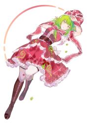 Rule 34 | 1girl, absurdres, arms up, boots, bow, brown footwear, center frills, commentary request, commission, cross-laced footwear, dress, frilled ribbon, frilled skirt, frills, front ponytail, full body, green eyes, green hair, highres, kagiyama hina, long hair, looking at viewer, parted lips, pfallen, pixiv commission, red bow, red dress, red nails, red ribbon, ribbon, skirt, smile, solo, thigh strap, touhou