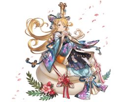 Rule 34 | 1girl, blonde hair, blue eyes, charlotta (granblue fantasy), crown, eating, floral print, flower, food, full body, granblue fantasy, hair ornament, harvin, holding, japanese clothes, kimono, long hair, long sleeves, looking at viewer, minaba hideo, mochi, official art, pantyhose, petals, pointy ears, sandals, sitting, solo, transparent background, wagashi, wide sleeves
