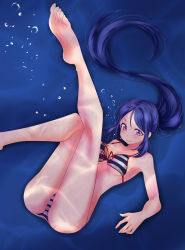 Rule 34 | 1girl, absurdres, air bubble, barefoot, bikini, blue hair, breasts, bubble, commentary request, front-tie top, full body, highres, kurogane yamato, long hair, love live!, love live! sunshine!!, matsuura kanan, medium breasts, ponytail, purple eyes, solo, striped bikini, striped clothes, swimsuit, underwater, white stripes