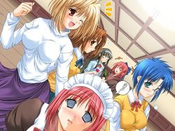 Rule 34 | 00s, 6+girls, ;d, @ @, apron, arcueid brunestud, blonde hair, blue hair, blush, bottle, bowl, brown hair, ciel (tsukihime), clenched hand, closed eyes, collared shirt, crazy eyes, crossed arms, dutch angle, everyone, fang, flying sweatdrops, glasses, green eyes, hairband, hisui (tsukihime), holding, indoors, kohaku (tsukihime), laughing, long skirt, looking at viewer, maid headdress, multiple girls, one eye closed, open mouth, parted bangs, purple skirt, red eyes, red hair, school uniform, shirt, siblings, sisters, skirt, smile, speech bubble, spoken squiggle, squiggle, sweater, sweater vest, tohno akiha, tooth, tsukihime, twins, white shirt, yumizuka satsuki