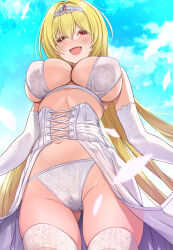 Rule 34 | 1girl, blonde hair, blush, bra, breasts, cameltoe, cleavage, covered erect nipples, embroidered bra, embroidered legwear, embroidered panties, falling petals, fangs, gloves, glowing, glowing petals, gluteal fold, groin, highres, idolmaster, idolmaster cinderella girls, kurosaki chitose, large breasts, long hair, looking at viewer, mk (mod0), navel, outdoors, panties, petals, red eyes, smile, solo, thighhighs, tiara, underwear, very long hair, white bra, white gloves, white panties, white thighhighs