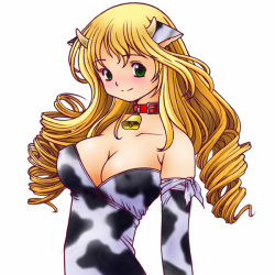 Rule 34 | 1girl, animal ears, animal print, bell, breasts, cleavage, cow ears, cow girl, cow print, cowbell, drill hair, horns, kusunoki masashige, large breasts, neck bell, solo