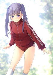 Rule 34 | 1girl, blurry, blurry background, blush, buruma, closed mouth, commentary request, depth of field, highres, jacket, kneehighs, leaning forward, long hair, long sleeves, looking at viewer, original, puffy long sleeves, puffy sleeves, purple eyes, purple hair, red buruma, red jacket, shibacha, sleeves past wrists, smile, socks, solo, track jacket, twintails, white socks