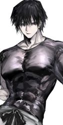 Rule 34 | 1boy, abs, black hair, black shirt, collarbone, commentary, forehead, fushiguro touji, grey eyes, highres, inumata ichini, jujutsu kaisen, large pectorals, looking away, male focus, pectoral cleavage, pectorals, scar, scar on face, scar on mouth, shirt, short hair, simple background, skin tight, taut clothes, taut shirt, upper body, v-shaped eyebrows, white background