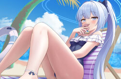 Rule 34 | 1girl, absurdres, ass, bare legs, bare shoulders, black one-piece swimsuit, blue archive, blush, cellphone, closed mouth, day, frilled one-piece swimsuit, frills, grey hair, highres, holding, holding phone, long hair, miyako (blue archive), miyako (swimsuit) (blue archive), off-shoulder one-piece swimsuit, off shoulder, official alternate costume, one-piece swimsuit, outdoors, phone, ponytail, purple eyes, smartphone, sokosuwarin, solo, swimsuit