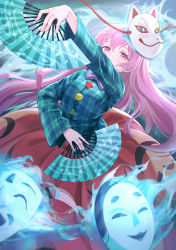 Rule 34 | 1girl, arm up, blue bow, blue bowtie, blue shirt, bow, bowtie, breasts, curly hair, dancing, dual wielding, expressionless, fire, floating, floating object, fox mask, hair between eyes, hand fan, hand up, hata no kokoro, highres, holding, holding fan, leaning back, long hair, long skirt, long sleeves, looking at viewer, mask, mask on head, medium breasts, outstretched arm, petal print, pink eyes, pink hair, pink skirt, plaid, plaid shirt, rice (okome no naru ki), shirt, skirt, solo, touhou, very long hair