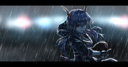 Rule 34 | 1girl, absurdres, arknights, black gloves, black jacket, blue hair, ch&#039;en (arknights), chinese commentary, cishi nianshao, commentary request, dragon horns, gloves, hair between eyes, highres, horns, jacket, letterboxed, long hair, looking at viewer, rain, solo, upper body