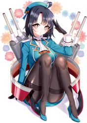 Rule 34 | 10s, 1girl, ahoge, alternate legwear, arm support, ascot, beret, black gloves, black hair, black pantyhose, blue footwear, blush, breasts, floral background, frills, full body, garter straps, gloves, hat, high heels, kantai collection, large breasts, looking at viewer, pantyhose, red eyes, salute, seo, short hair, sitting, solo, takao (kancolle), thighband pantyhose, uniform