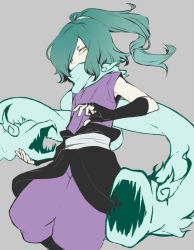 Rule 34 | 10s, 1boy, black gloves, fingerless gloves, flat color, gloves, green hair, grey background, hair over one eye, japanese clothes, long hair, looking at viewer, male focus, mochiyanagi, monster boy, orochi (youkai watch), ponytail, simple background, sleeveless, solo, yellow eyes, traditional youkai, youkai watch