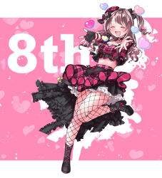 Rule 34 | 1girl, blush, boots, bow, brown hair, choker, closed eyes, crop top, cross-laced footwear, curly hair, drop shadow, fingerless gloves, fishnet pantyhose, fishnets, full body, gloves, hair bow, hat, heart, heart o-ring, high-low skirt, high heel boots, high heels, highres, idolmaster, idolmaster cinderella girls, idolmaster cinderella girls starlight stage, koriyukika032, lace-up boots, layered skirt, long hair, midriff, mini hat, o-ring, o-ring choker, one side up, open mouth, outstretched arms, pantyhose, plaid, plaid headwear, plaid shirt, plaid skirt, shimamura uzuki, shirt, short sleeves, single glove, skirt, smile, solo, standing, standing on one leg, studded bracelet