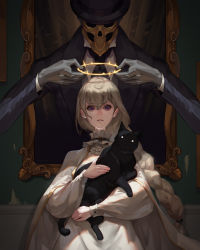 Rule 34 | 1girl, 1other, black cat, braid, braided ponytail, cat, cloak, closed eyes, grey hair, halo, hat, highres, holding halo, jiro (ninetysix), long hair, looking at viewer, mask, original, painting (object), red eyes, upper body