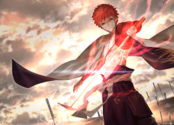Rule 34 | 1boy, abs, cape, cloud, cloudy sky, commentary request, emiya shirou, fate/grand order, fate (series), field of blades, glowing, glowing sword, glowing weapon, highres, holding, holding sword, holding weapon, igote, japanese clothes, limited/zero over, looking at viewer, magic circuit, male focus, red hair, reluvy, serious, short hair, sky, solo, sword, unlimited blade works (fate), weapon