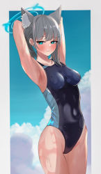 Rule 34 | 1girl, absurdres, animal ear fluff, animal ears, arms behind head, black one-piece swimsuit, blue archive, blue eyes, blue sky, cloud, commentary request, competition swimsuit, cowboy shot, cross hair ornament, grey hair, hair ornament, halo, highres, medium hair, mismatched pupils, one-piece swimsuit, panda ring, shiroko (blue archive), shiroko (swimsuit) (blue archive), sky, solo, swimsuit, wet, wet clothes, wet swimsuit