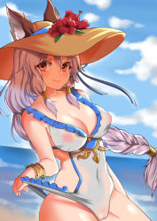 Rule 34 | 10s, 1girl, absurdres, alternate costume, animal ears, bad id, bad pixiv id, bare arms, bare shoulders, beach, braid, breasts, cameltoe, cleavage, clothes pull, collarbone, covered erect nipples, covered navel, day, ears through headwear, erune, granblue fantasy, hair between eyes, hat, heles, heles (summer) (granblue fantasy), highres, large breasts, lips, long hair, looking at viewer, mariial, ocean, one-piece swimsuit, one-piece swimsuit pull, outdoors, see-through, silver hair, single braid, sky, smile, solo, sun hat, swimsuit, very long hair, white one-piece swimsuit, yellow eyes