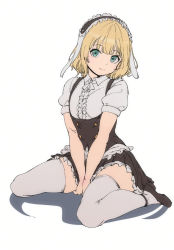 Rule 34 | 1girl, alp, aqua eyes, between legs, black footwear, blonde hair, blunt bangs, center frills, closed mouth, commentary, fleur de lapin uniform, frilled hairband, frills, full body, gochuumon wa usagi desu ka?, hairband, hand between legs, head tilt, highres, kirima syaro, lolita hairband, looking at viewer, puffy short sleeves, puffy sleeves, shoes, short hair, short sleeves, simple background, sitting, smile, solo, thighhighs, wariza, white background, white thighhighs