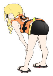 Rule 34 | 1girl, ass, bike shorts, blonde hair, dede (qwea 00000), from behind, full body, green eyes, hands on own knees, nintendo, octoling, octoling girl, octoling player character, sandals, simple background, sleeveless, solo, splatoon (series), standing, tentacle hair, white background