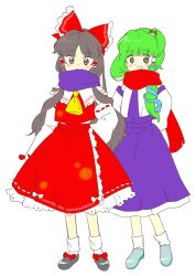 Rule 34 | 2girls, :d, ascot, blue footwear, blush, bobby socks, bow, bow skirt, closed mouth, detached sleeves, footwear bow, frilled bow, frills, frog hair ornament, full body, green hair, grey eyes, grey footwear, grey hair, hair bow, hair ornament, hair tubes, hakurei reimu, kochiya sanae, long hair, multiple girls, nonamejd, open mouth, parted bangs, purple scarf, purple skirt, red bow, red scarf, red skirt, ribbon-trimmed skirt, ribbon-trimmed sleeves, ribbon trim, scarf, shoes, simple background, single hair tube, skirt, smile, snake hair ornament, socks, standing, touhou, white background, white bow, white sleeves, white socks, yellow ascot, yellow eyes