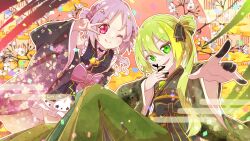 Rule 34 | 2girls, absurdres, alina gray, alternate costume, alternate hairstyle, black kimono, blonde hair, bow, closed mouth, floral print, flower, gem, green eyes, green hair, green kimono, hair ornament, highres, ink on face, japanese clothes, kimono, long hair, long sleeves, looking at viewer, magia record: mahou shoujo madoka magica gaiden, mahou shoujo madoka magica, megitti, misono karin, multiple girls, obi, one eye closed, open mouth, parted bangs, parted hair, red eyes, ribbon, sash, short hair, sitting, smile, star (symbol), v over eye, wide sleeves, yellow gemstone