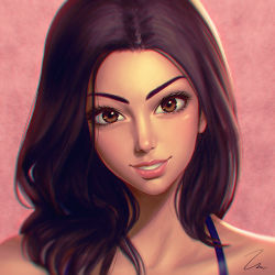 Rule 34 | 1girl, bare shoulders, blurry, brown eyes, brown hair, chromatic aberration, collarbone, commission, dark skin, dark-skinned female, grin, head tilt, lipstick, long hair, looking at viewer, makeup, mascara, nose, original, pink background, pink lips, portrait, signature, smile, solo, spaghetti strap, umigraphics