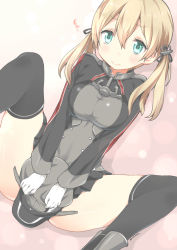 Rule 34 | 10s, 1girl, absurdres, anchor hair ornament, aqua eyes, blonde hair, blush, breasts, covering privates, covering crotch, gloves, gradient background, hair ornament, hat, highres, kantai collection, large breasts, long sleeves, military, military uniform, peaked cap, prinz eugen (kancolle), ryuki (ryukisukune), skirt, solo, thighhighs, twintails, uniform, white gloves