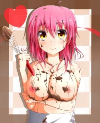 Rule 34 | 1girl, apron, blush, breast hold, breasts, chocolate, chocolate on body, chocolate on breasts, crossed arms, ehimedaisuki, female focus, food, food on body, heart, large breasts, looking at viewer, naked apron, nipples, original, pink hair, short hair, smile, solo, topless, warabi mochi (ehimedaisuki), whisk, yellow eyes