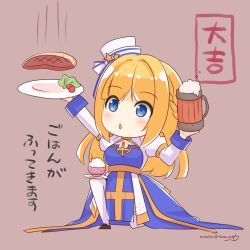 Rule 34 | 1girl, alcohol, arch bishop (ragnarok online), beer, beer mug, black footwear, blonde hair, blue bow, blue dress, blue eyes, blush, bow, bowl, braid, breasts, brown background, chibi, cleavage cutout, clothing cutout, commentary request, cross, cup, dress, food, french braid, full body, hair ornament, highres, holding, holding plate, ice cream, juliet sleeves, large breasts, long hair, long sleeves, mug, on one knee, open mouth, pelvic curtain, pillbox hat, plate, puffy sleeves, ragnarok masters, ragnarok online, sash, shoes, simple background, solo, star (symbol), star hair ornament, steak, striped, striped bow, thighhighs, tomo-graphy, translation request, two-tone dress, white bow, white dress, white headwear, white thighhighs, yellow sash