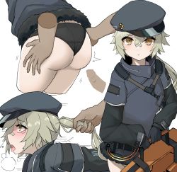 Rule 34 | 1boy, 1girl, ass, ass grab, bandaid, bandaid on face, bandaid on nose, black gloves, black jacket, black panties, blush, brown eyes, cropped legs, disembodied hand, girls&#039; frontline, gloves, grabbing another&#039;s hair, hair between eyes, hetero, highres, hs2000 (girls&#039; frontline), implied sex, jacket, long hair, long sleeves, looking at viewer, open mouth, panties, ponytail, simple background, tongue, tongue out, underwear, white background, yanagui
