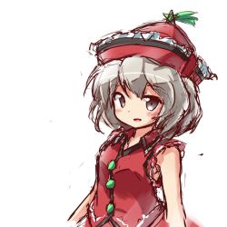 Rule 34 | 1girl, bare arms, blush, collared shirt, grey eyes, grey hair, hat, looking at viewer, lyrica prismriver, open mouth, red hat, red shirt, red skirt, ryogo, shirt, short hair, simple background, sketch, skirt, skirt set, sleeveless, sleeveless shirt, smile, solo, touhou, upper body, white background