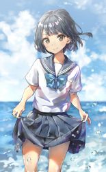 Rule 34 | 1girl, bad id, bad pixiv id, black hair, blue bow, blue skirt, blue sky, bow, bowtie, brown eyes, cloud, cowboy shot, day, highres, looking at viewer, miniskirt, ocean, original, outdoors, pleated skirt, shirt, short hair, short sleeves, skirt, skirt hold, sky, smile, solo, standing, takenoko no you, wading, white shirt