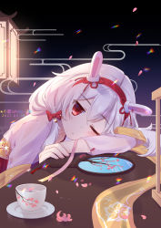 Rule 34 | 1girl, animal ears, azur lane, bell, collarbone, commentary request, fake animal ears, hair between eyes, hair ornament, hairband, head rest, highres, laffey (azur lane), laffey (white rabbit welcomes the spring) (azur lane), long hair, long sleeves, looking at viewer, low twintails, one eye closed, rabbit ears, red eyes, sidelocks, solo, twintails, white hair, xiao shi lullaby