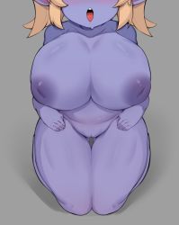 Rule 34 | 1girl, blonde hair, breasts, colored skin, curvy, highres, huge breasts, inverted nipples, large areolae, league of legends, open mouth, plump, pointy ears, poppy (league of legends), purple skin, pussy, shortstack, solo, soya6479, thick thighs, thighs, twintails, yordle